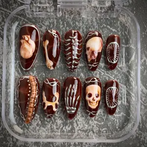 Handmade Gothic Skeleton Press On Nails: 3D Skull Almond Nails