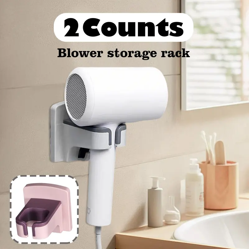 2 Counts Hair Dryer Holder, Without Punching Wall Mounted Hairdryer Holder, Self Adhesive Hairdryer Stand with Cord Organizer for Bathroom Hotel Hair Salon, Random Color