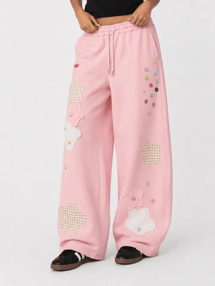 Aelfric Eden Star Patch Baggy Barrel Sweatpants High Waist Balloon Barrel Silhouette Star Patchwork & Button Detail Drawstring Elastic Waist Soft Fabric Sweet Girl Streetwear Unisex Bottoms