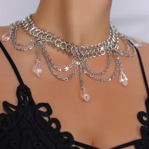 Women's Unique Exaggerated Daily Short Multi-Layer Necklace - Iron Base with Gemstone Pendant, Gold-Plated Surgical Steel Stud, Mariner Chain, Curb Chain, Tungsten Rope, Crucifix Cross, Flame Design Clip-On Earring Jewelry