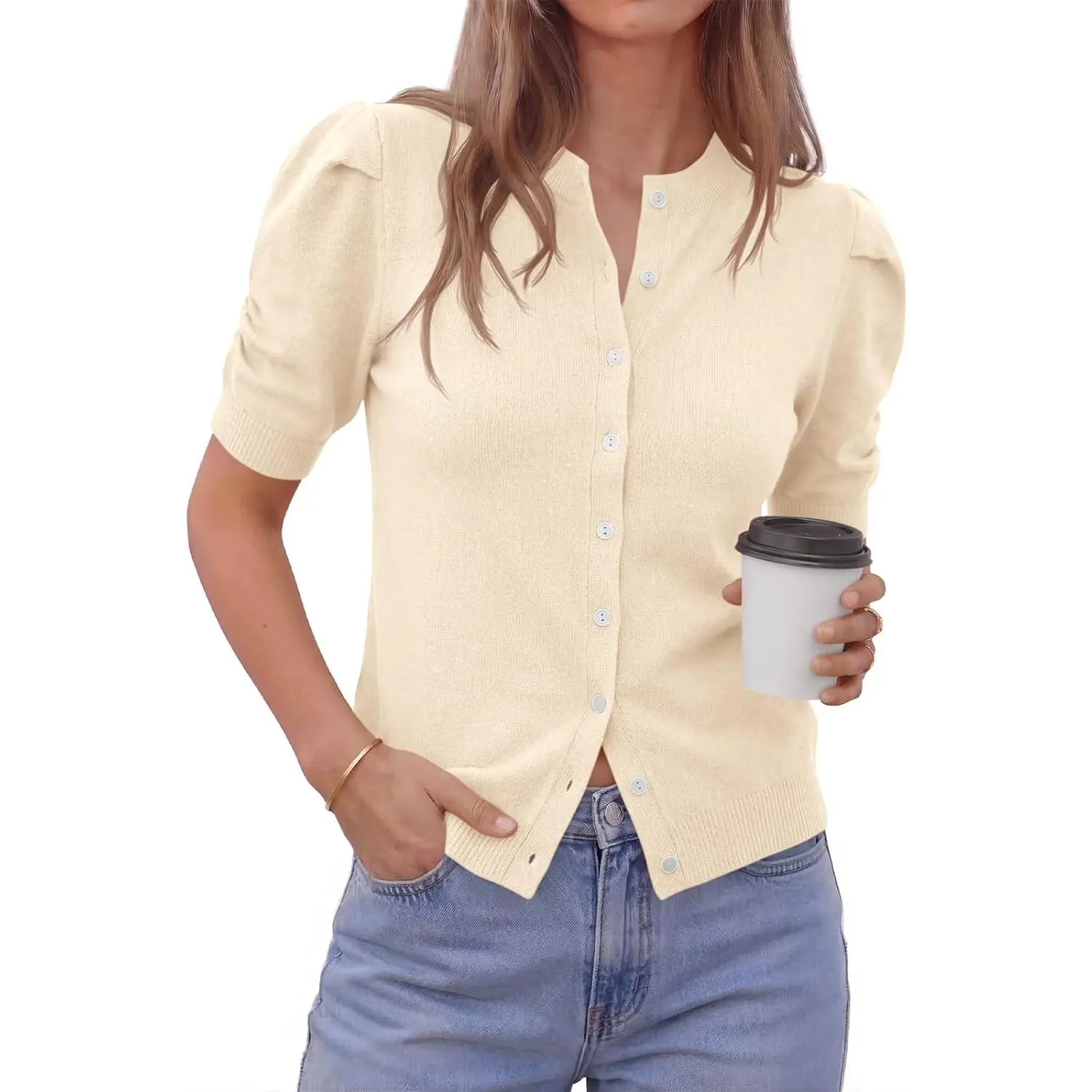 Saodimallsu Women's Puff Short-Sleeve Collared Fitted Cardigan Sweater, Lightweight Knit Casual Button-Down Crew Neck Tops for Spring Summer, Lady, Shortsleeve, Basic, Minimalist, Knitwear