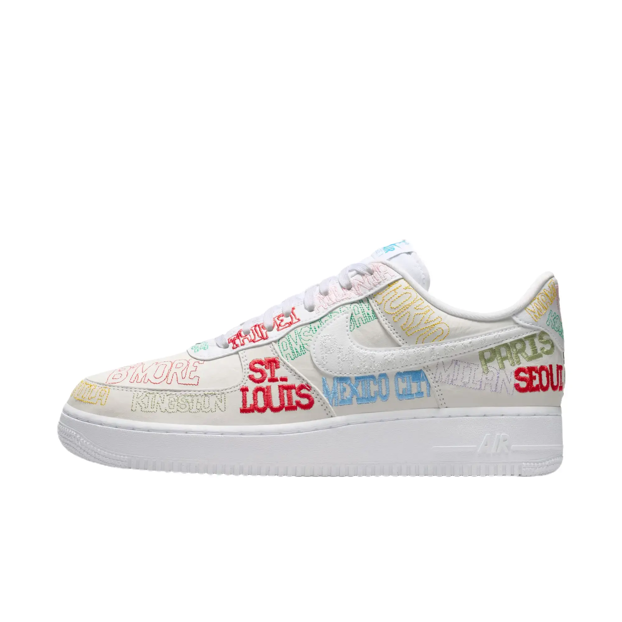 Nike Air Force 1 Low 'World Tour-White' Men's Classic Leather Sports Shoe, Footwear with Embroidered City Names, Air Cushioning for All-Day Comfort, Sports Shoes