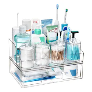 【Live Only】Vtopmart 6 PCS Bathroom Countertop Organizer, 1 Divided Tray with 4 Qtip Holder Jars and 1 Drawers, Restroom Clear Organizers for Toothbrush, Cotton Pads, Vanity Accessories Storage Set, DealsForYouDays (Mid Year Sale Restock)