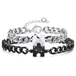 Heart Couples Bracelets For Bf And Gf Teens Bous To Hive Gf Matching Love Heart Couple Bracelet For Boyfriend And Girlfriend Him And Her Set Stainless Steel Chunky Cuban Chain Shiny Cubic Zirconia Jewelry Valentine's Day Anniversary Couple Intimacy Gift s