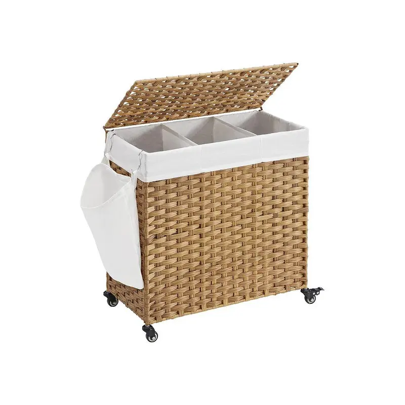 SONGMICSHOME Wheeled Laundry Sorter Hamper - 3-Section Collapsible Laundry Organization Containers with Lid, 26x13x26" 34.4 Gal Sturdy PP Polypropylene Rattan Organizer, Removable Liner, Quick Setup, Handles Family Wash, Natural Home Decor