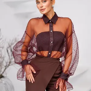 Liora Bordeaux Sheer Organza Polka-Dot Blouse