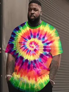 Men's Plus Size Spiral Rainbow Tie Dye T-Shirt, Casual Short Sleeve Round Neck, Loose Fit, Relaxed fit, All Seasons, Long Clothing