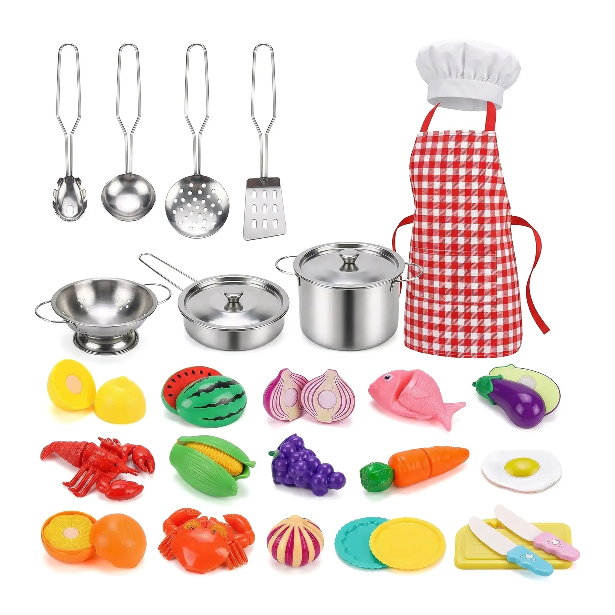 46pcs Kids Play Kitchen Set with Stainless Steel Pots & Utensils, Cutting Fruits Veggies Seafood, Chef Apron & Hat, Pretend Cooking Kitchen Playset Pretend Play Accessories