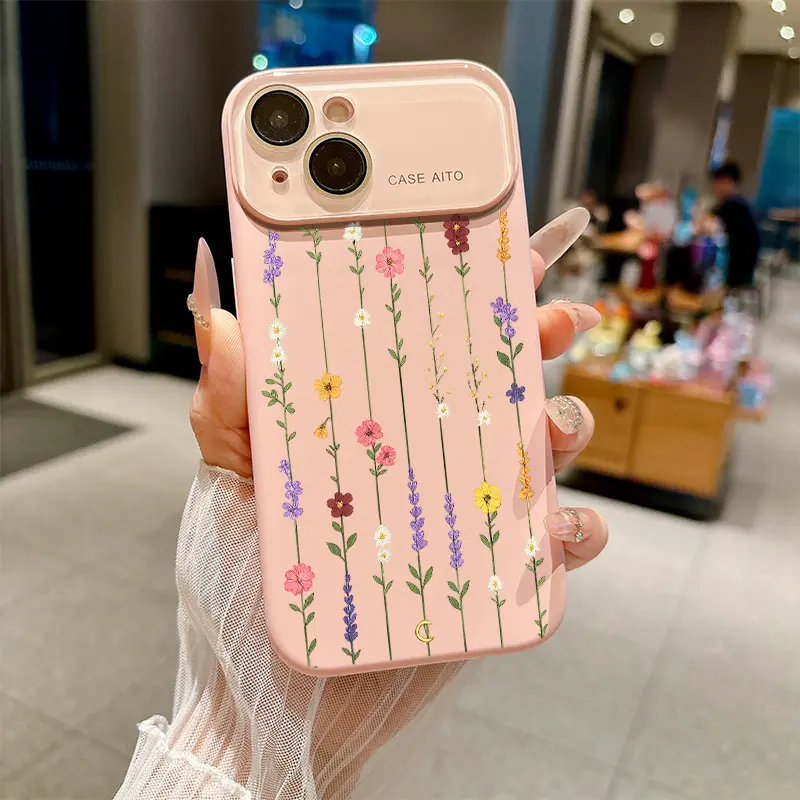 Colorful wildflowers with lavender blooms and golden moon charm Suitable for iPhone 17 16 15 14 13 12 Mini Plus Pro ProMax Dopamine-hue silicone case—slim, shockproof, full camera protection, microfiber-lined. Minimalist & fresh., Smartphone, Handheld