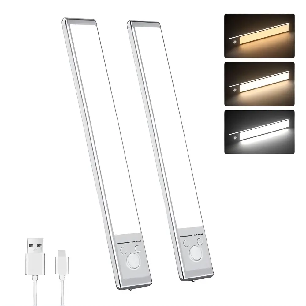 1/2-Pack Under-Cabinet Motion Sensor Lights, 68 LED Wireless Dimmable Rechargeable 1800 mAh Battery-Operated Fixtures, 3-Color Magnetic Home Improvement Lights for Kitchen, Closet