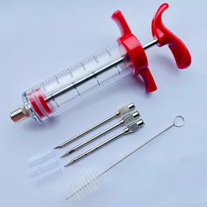 Meat Injector Syringe - 3 Marinade Injector Needles for BBQ Grill, Premium Portable Turkey Injector kit for Smoker,Marinades Injectors for Meats With 1oz Large Capacity 1 Brush Easy to Use & Clean Red