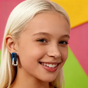 Unisex 2026 New Exaggerated Klein Blue Cube Chain Earrings - Colorful Plastic Dual-Hole Earrings for Spring, Summer