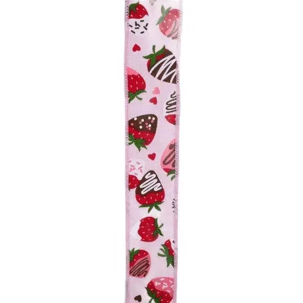 1.5" x 10yd Chocolate Covered Strawberries Ribbon – Pale Pink/Multi