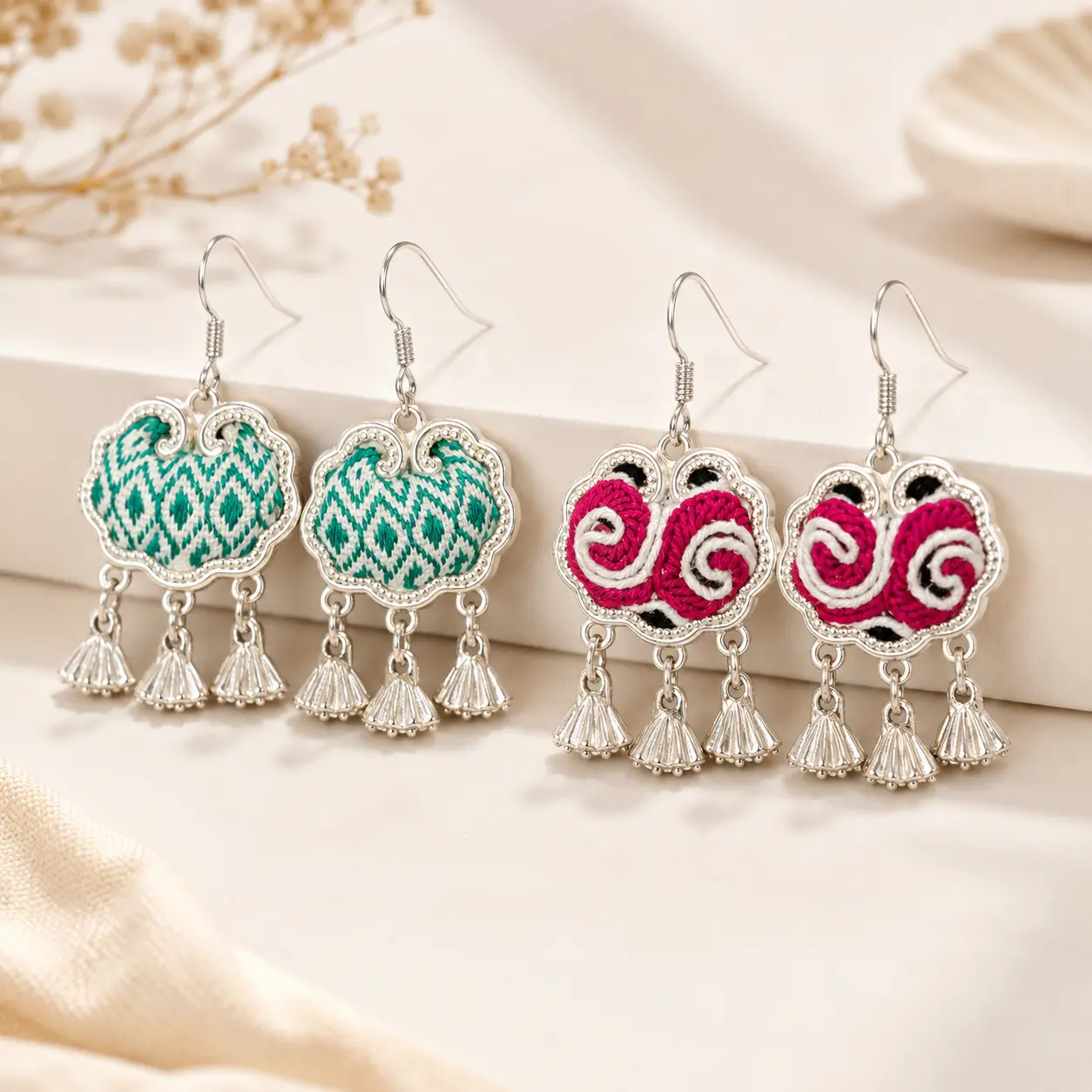 Handmade Miao Embroidered Dangle Earrings, Women's Boho Ethnic Art Jewelry with Silver-Tone Alloy Longevity Lock Charm, Lightweight 4g for Casual & Cultural Styling, Handmade Craft, Boho Vintage, Unisex