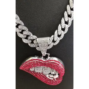 Cuban Style Round Links Chain Necklace, 13MM Iced Out Costume Jewelry with Red Bling Lips Kiss Pendant, 20 Inch Yellow-Silver Tone Chain Jewelry Necklaces