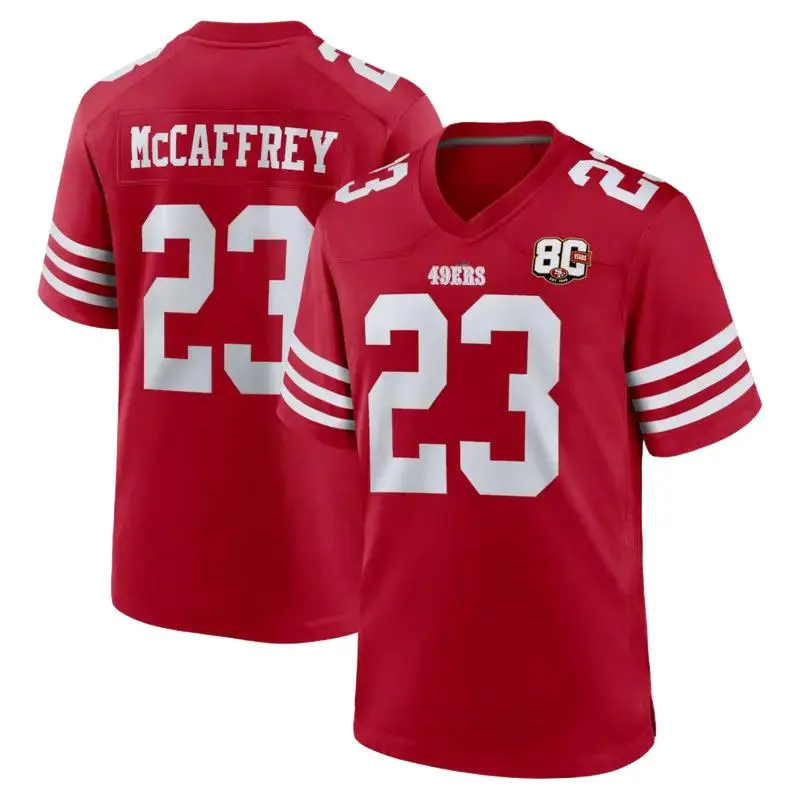 Trendy Football Season 2026 Full Logo Printed McCaffrey 23 Football Jersey Tee Shirt, 80th Anniversary Game Jersey Football Tee, Alternate Custom Game Jersey, Sport Activewear for Men Women