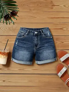 Women's Summer New High Elasticity Ripped Denim Shorts, Womenswear, Fashionable Button Rolled Hem Design, Versatile Slimming Fit Butt-Lift Jeans, Perfect for Casual Outing
