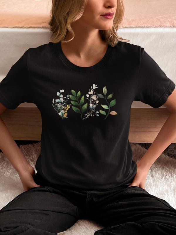 Teal and Green Leaves Tee Design on Premium Bella + Canvas Unisex Cotton Fit Top Fabric Womenswear Women Underwear Lady