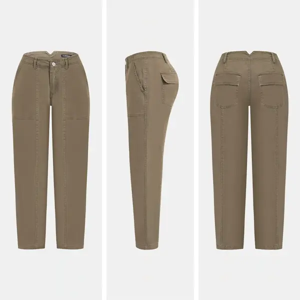 Flamingals Solid Stitch Detail Mid Waist Baby Barrel Fit Deep Pockets Pants High Stretch 26.4" Inseam Casual Women's Fashion Elevated Basic