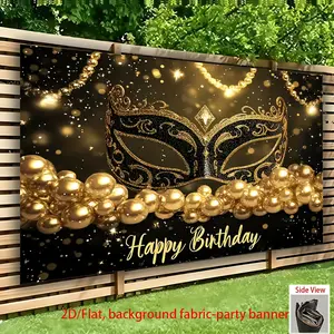1pc Golden Masquerade Mask Party Banner Backdrop - Elegant Black & Golden 2D Flat Polyester Fabric Decor for Birthdays, Weddings, Bars, Home & Events - No Electricity Needed, Festive Wall Decoration, Festive Atmosphere Enhancer