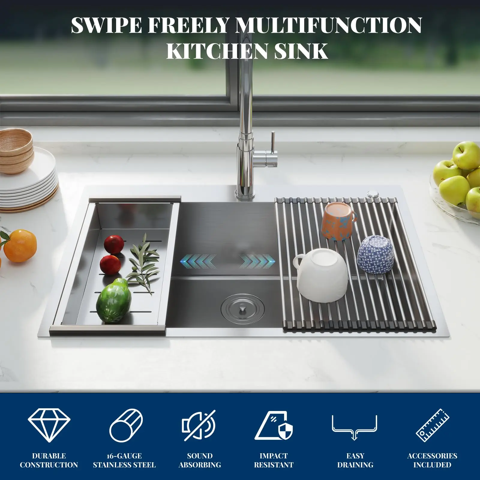 GARVEE 30 x 22 built-in workstation Kitchen Sink - 16 # stainless steel countertop installation sink, 10-inch deep single sink and 5 accessories
