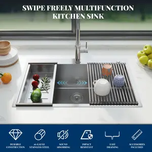 GARVEE 30 x 22 built-in workstation Kitchen Sink - 16 # stainless steel countertop installation sink, 10-inch deep single sink and 5 accessories