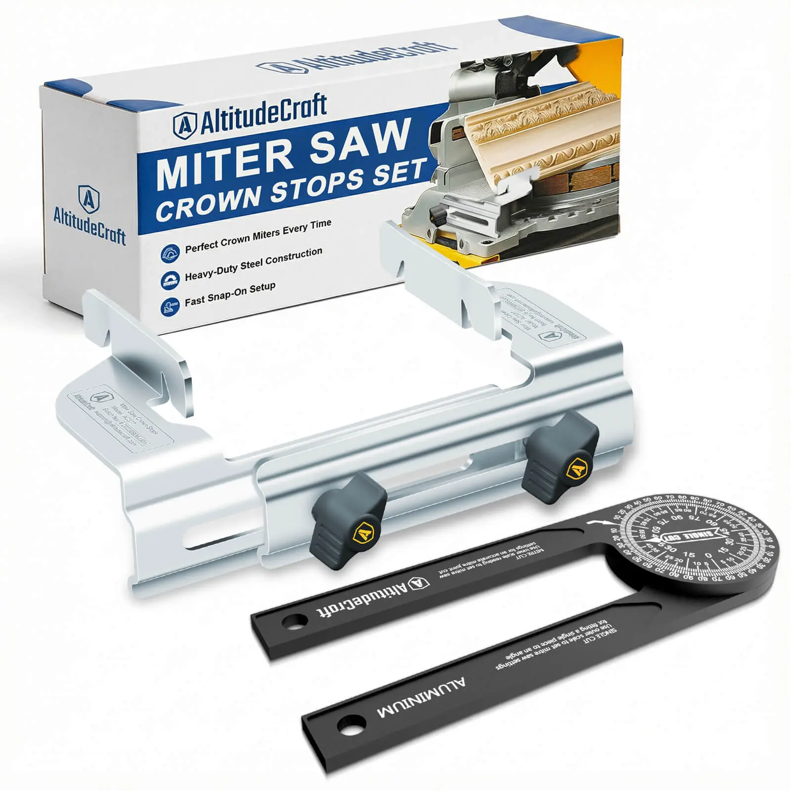 AltitudeCraft Miter Saw Crown Stops & 360° Aluminum Protractor Tool Kit, Crown Molding Jig for DEWALT DW703 DW706 DW715 DW716 DW718 DWS780, Angle Finder for Trim & Carpentry
