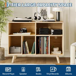 Large 39.5" Record Player Stand with Charging Station, Record Player Stand with Vinyl Storage, Holds 350+ Vinyl Albums, 6 Comartment Storage Farmhouse Record Player Table, Modern Engineered Wood Turntable Cabinet for Living Room, Bedroom, or Office