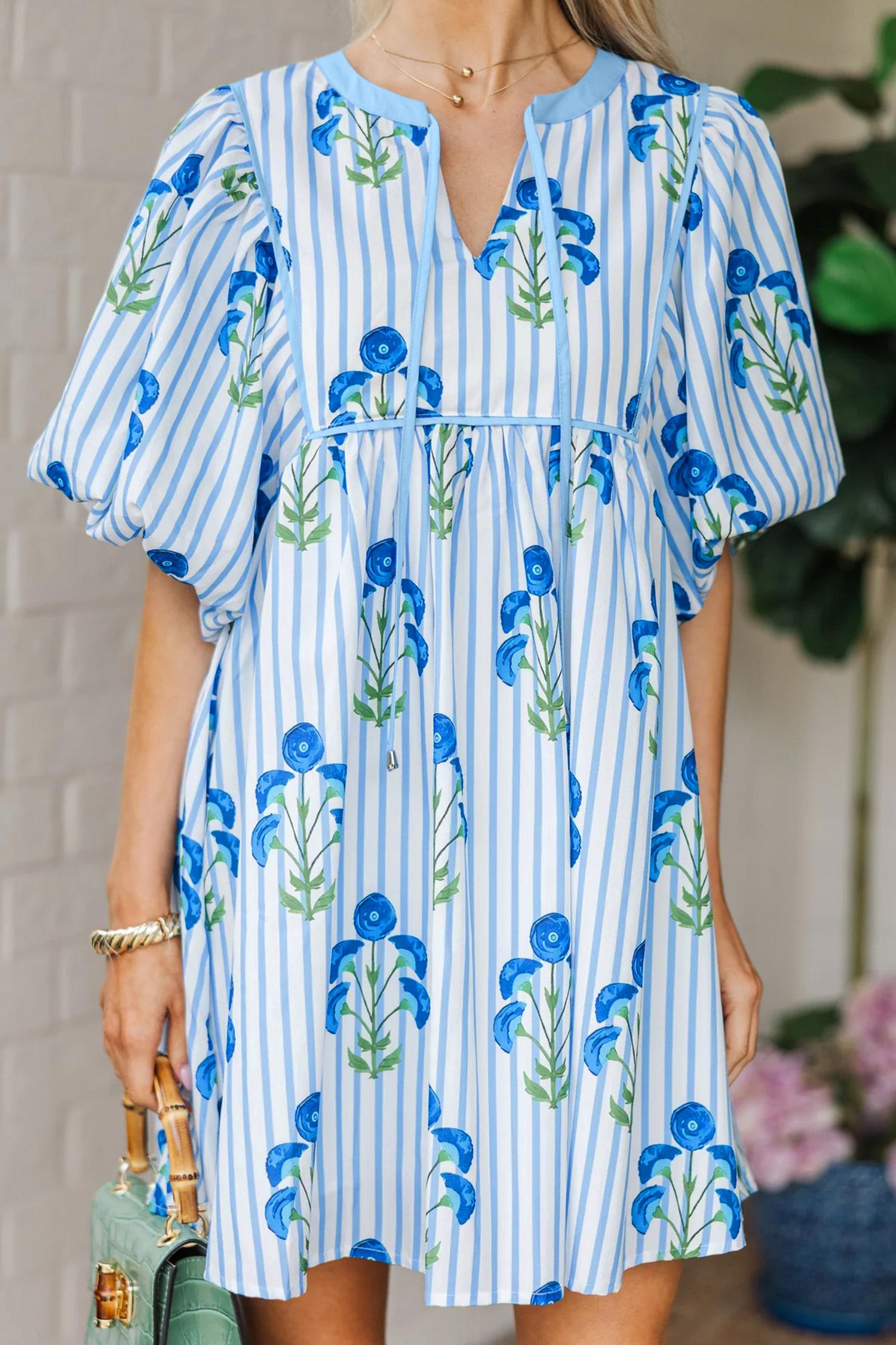 Mntaor Women's Sky Blue Floral Striped Mini Dress with Tie Notched Neck & Puff Sleeves Easy to Wear for Brunch Shopping or Weekend Getaways