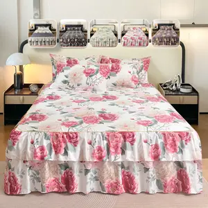 2/3pcs Luxury Floral Bed Skirt Fitted Sheet Set, Elegant Printed Design, 38cm/14.96" Double-Layer Bed Skirt Dust Protection, Elastic Strap Fit, Soft & Breathable, Includes Pillowcases, Ideal for Bedroom & Hotel Use