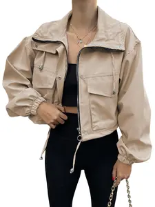 Women's Beige Cropped Bomber Jacket Zip Up Cargo Jacket with Pockets for Casual Style Womenswear Coats Long Sleeve Fitted Basic Minimalist Outerwear Tops