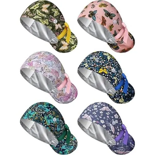 6 PCS Satin Lined Scrub Caps Women Nurse Surgical Hat with Buttons Ponytail Working Adjustable Shower Caps Tie Back