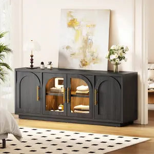 Sikaic Arched TV Stand with Glass Doors & LED Lights, Mid-Century Inspired Media Console with Open & Hidden Storage for Living Room, Matte Black