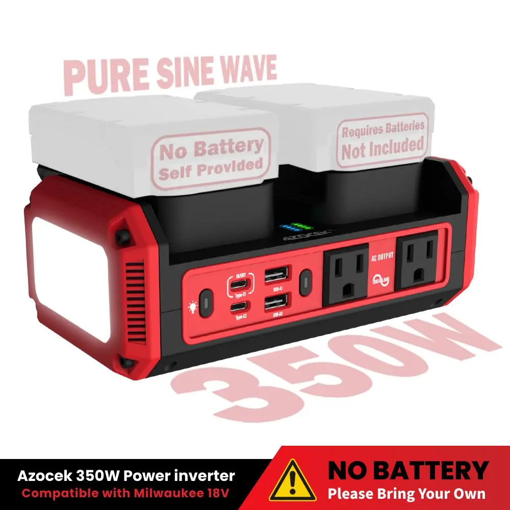 Azocek 350W Pure Sine Wave Power Inverter Compatible with Milwaukee M18 18V Battery, Portable Power Supply for Camping, Jobsite, Outdoor Travel, Home Emergency & Power Outages, 140W/65W USB-C PD, 2 AC Outlets, 2 USB-A, 600LM LED [Battery Not Included]
