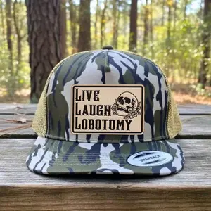 Live Laugh Lobotomy Leather Patch Trucker Hat | Funny Camo Hat | Dark Humor Mesh Cap | Sarcastic Gift for Men & Women