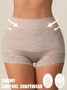 Women's High Waist Shapewear Panties, Lace Patchwork Sexy Underwear, Seamless Butt Lifting, Daily Casual High Waist Briefs, Postpartum Shapewear