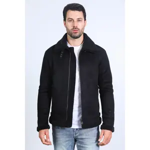 Men's Suede Black Jacket w/ Faux Shearling-lined