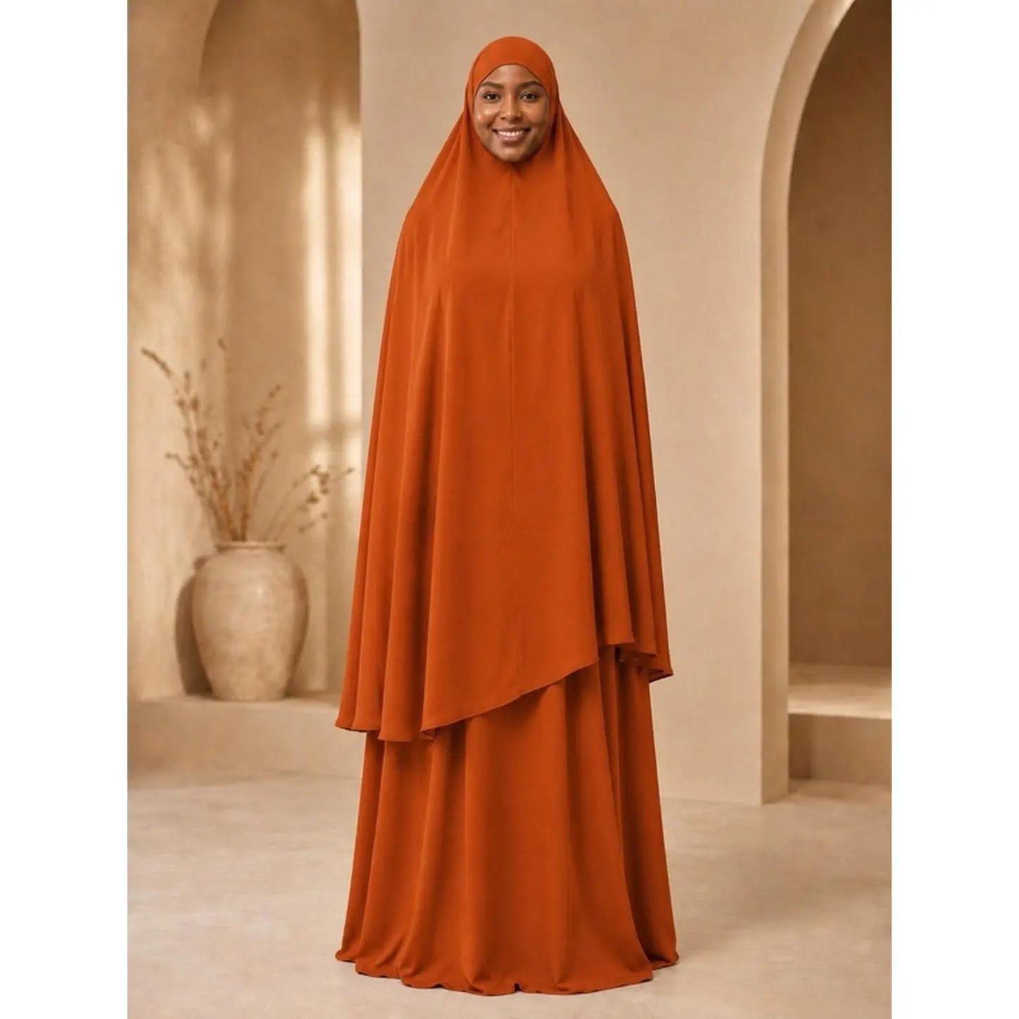 Elegant Two-Piece Islamic Prayer Set with Long Flowing Khimar and Full-Length Maxi Dress for Daily Salah Mosque Visits Ramadan Umrah Hajj and Everyday Modest Wear