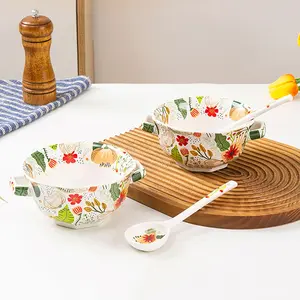 Colorful Cloud Flower Creative Dual-Ear Bowl, High-Quality Ceramic Tableware, French Vintage Style, Microwave & Dishwasher Safe