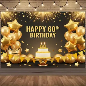 2D Flat Polyester 60th Birthday Backdrop, Photo Booth Props Home Wall Party Decor, Party Banner