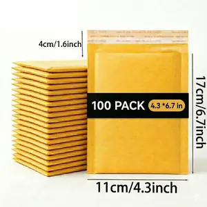 50/100 Pack 4.3 x 6.7 Inch Kraft Bubble Mailers, Self-Seal Padded Envelopes, Tear-Proof & Waterproof Cushioned Shipping Bags for Small Business, Jewelry