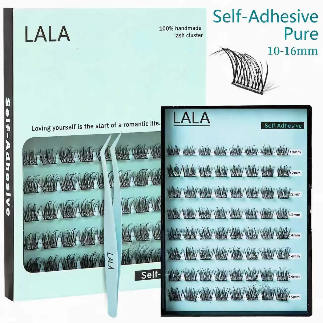 【PURE】LALA Pure Synthetic Cluster Eyelashes, 10-16mm C-Curl, Self-Adhesive Pre-Glued (No Glue Needed), Curler-Compatible, Easy Application for Beginners, Reusable Makeup Accessory