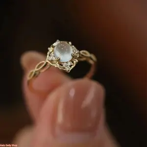 Gold-Plated Chalcedony Cabochon Ring, Zircon Accented Adjustable Open Band, 2026 New Fashion Jewelry for Women