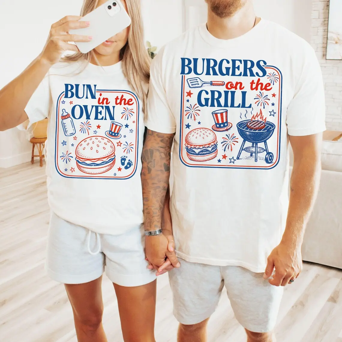 Couples' 4th of July Cotton Casual Fashion T-Shirt Top - Pregnancy Announcement, Baby Reveal, Independence Day Gift for Expecting Mom & Dad