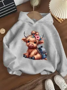Girls' Spring & Fall Fashion Scottish Highland Cow Series Fuzzy Calf Pattern Hooded Sweatshirt Long Sleeve Casual Comfortable Trendy Pullover