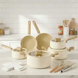 Ceramic Non-stick Cookware 17 Pcs Pots and Pans Set, Detachable Handle, RV Kitchen Non Stick Cooking Set Removable Handles, Oven Safe, Induction Ready, Stackable