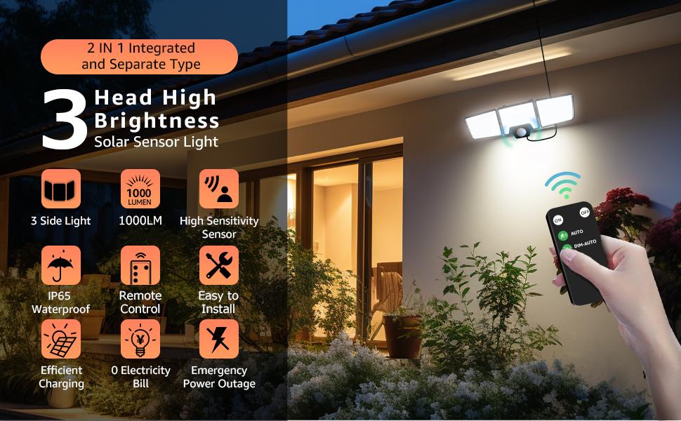 Lepro Solar Security Lights Outdoor Motion Sensor, 2 in 1 Separated and Integrated Remote Control IP65 Waterproof Solar Lights with 2 Light Modes, 3 Heads Floodlight for Garden Yard Garage Lepro Solar Security Lights Outdoor Motion Sensor, 2 in 1 Separated and Integrated Remote Control IP65 Waterproof Solar Lights with 2 Light Modes, 3 Heads Floodlight for Garden Yard Garage