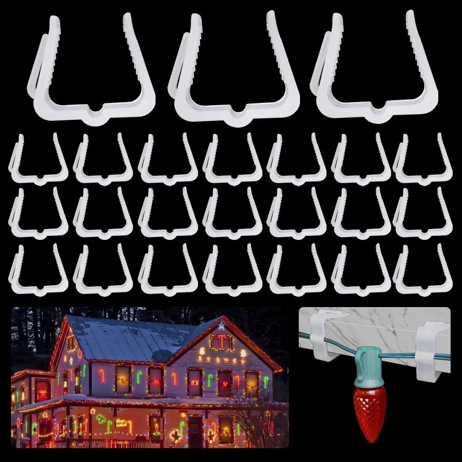 50 Pieces Christmas Holiday Light Hanger Hooks, 1.62" White Fascia Boards Clips, Plastic Light Clips for C7 C9 Mini String Lights Outdoor Roof Roofline Deck Eave Christmas Decoration