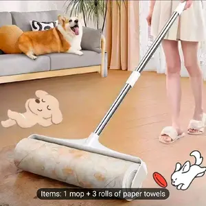 Set of 4 for Removing Pet Hair - Includes 3 Rolls of Paper And an Extendable Mop Brush Suitable for Floors, Sofas, And Carpets