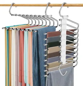 Upgrade 9 Layers Pants Hangers Space Saving, Multifunctional Pants Rack Non Slip Stainless Steel Clothes Space Saver Hangers Closet Organizers Storage for Pants Jeans Leggings